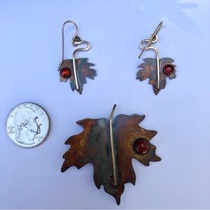 Sterling Maple Leaf brooch earring set with cabochons rustic patina holiday